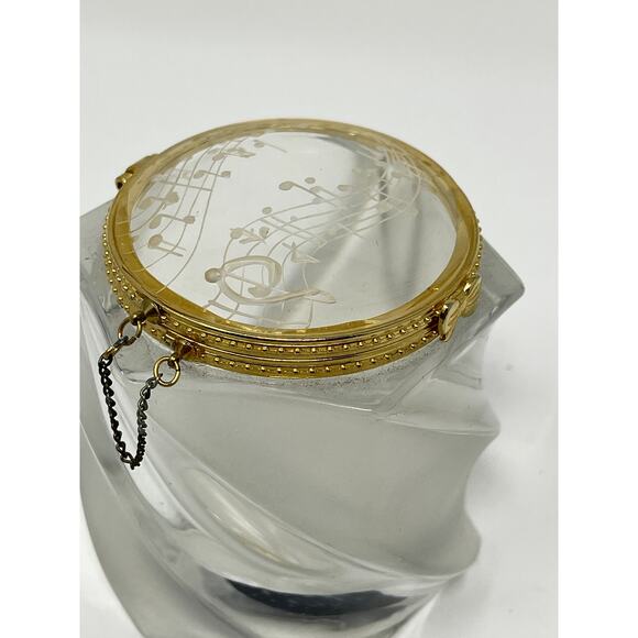 Frosted Crystal Gold Trimmed Hinged Dresser Trinket Box Musical Notes Signed KF - Picture 6 of 13